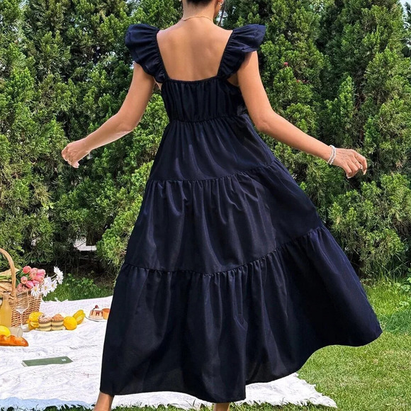 Navy Blue Casual Women's Loose Spaghetti Strap Flutter Sleeve Midi Dress - Picture 3 of 7